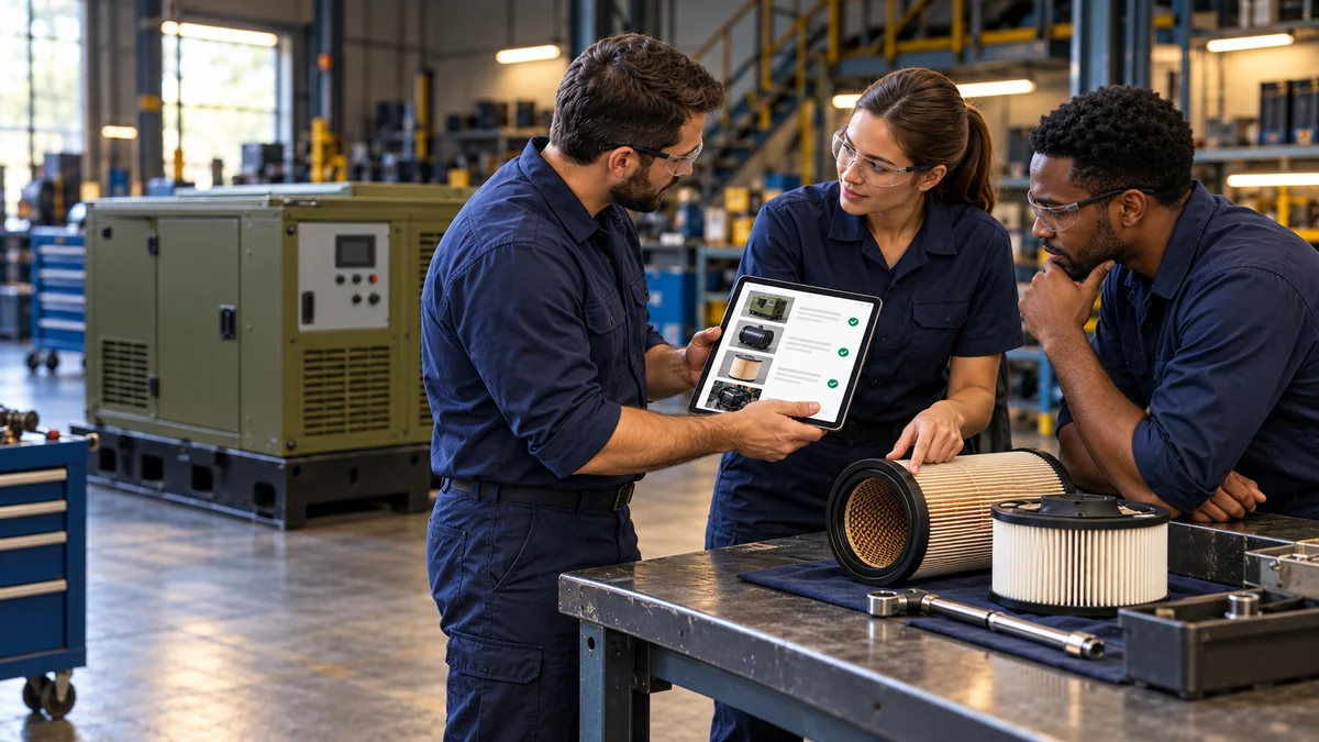 Maintainers and instructor review a tablet and cartridge at the shift handover
